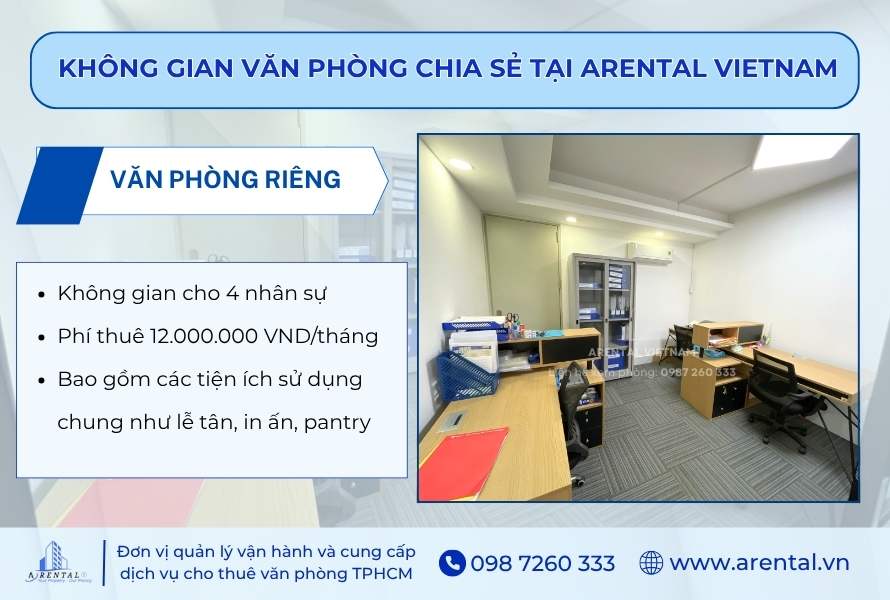 Không gian văn phòng chia sẻ theo kiểu phòng riêng tư cho 4 nhân sự.
