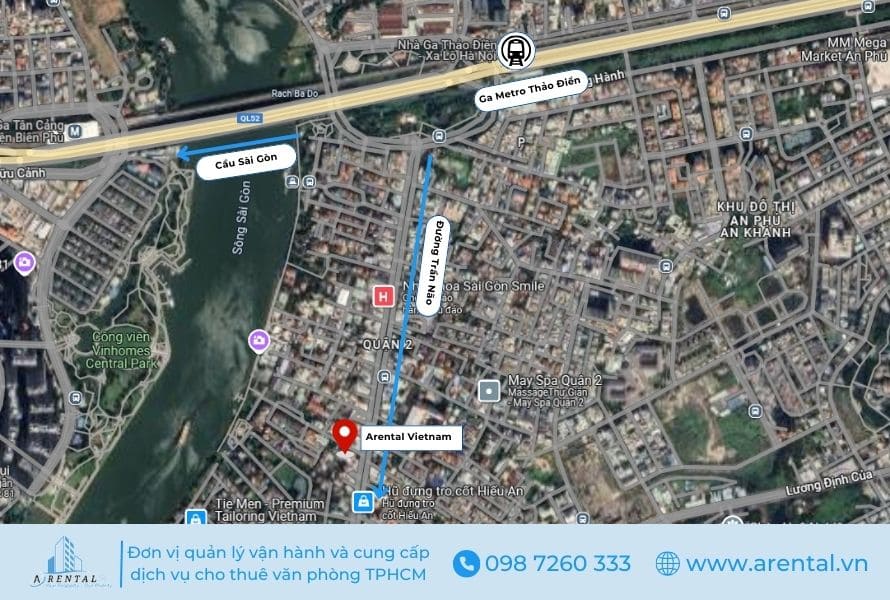 Vị trí thuận lợi về mặt giao thông của văn phòng chia sẻ quận 2 của Arental Vietnam.