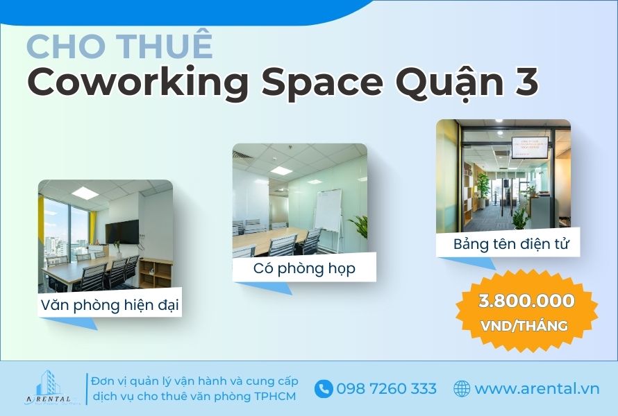 Dịch vụ văn phòng chia sẻ Quận 3 đi kèm các tiện ích như phòng họp, bảng tên, bàn làm việc tiêu chuẩn.