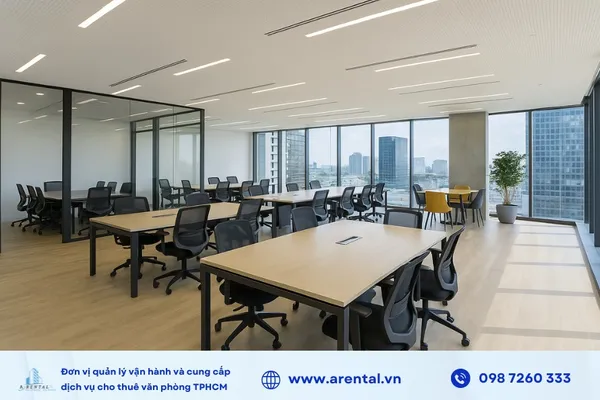 Gợi ý mẫu thiết kế văn phòng đẹp cho thuê diện tích 90m2 với khu vực phòng họp riêng.