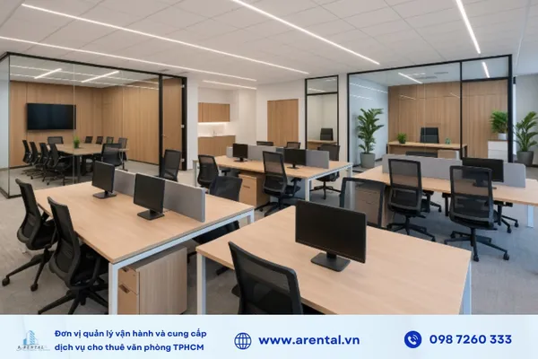 Văn phòng 200m2 được thiết kế tích hợp nhiều chức năng, khu vực làm việc.