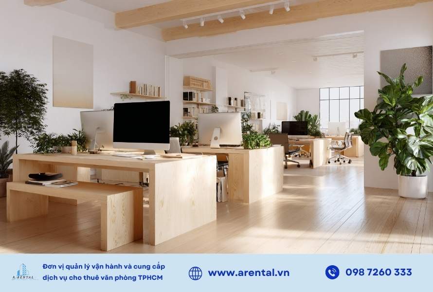 Thiết kế đơn giản, sáng sủa với gỗ sáng và cây xanh giúp tăng sự tập trung và thư giãn.