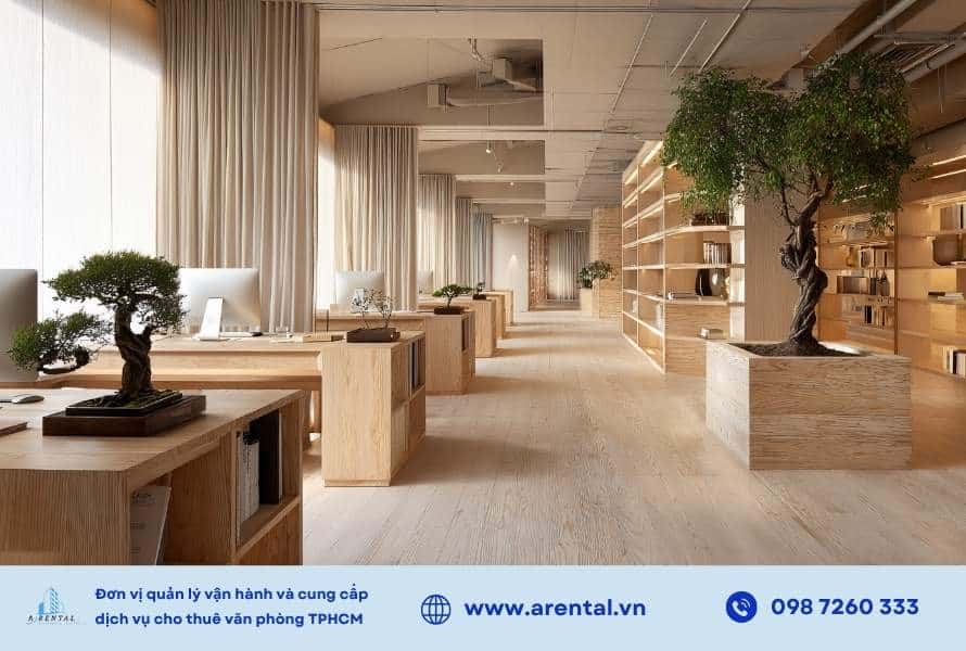 Văn phòng mở sử dụng gỗ tự nhiên, cây bonsai và ánh sáng nhẹ – mang lại cảm giác tĩnh tại và thư thái tuyệt đối.