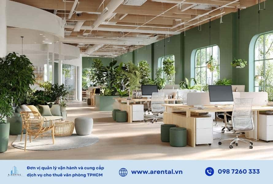 Văn phòng mở với tone xanh trắng, vật liệu tự nhiên mang lại cảm giác tươi mới, nhẹ nhàng.