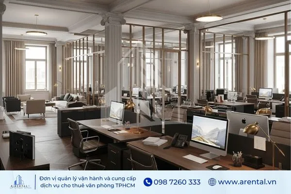 Bố trí khu làm việc hiện đại trong thiết kế tân cổ điển.