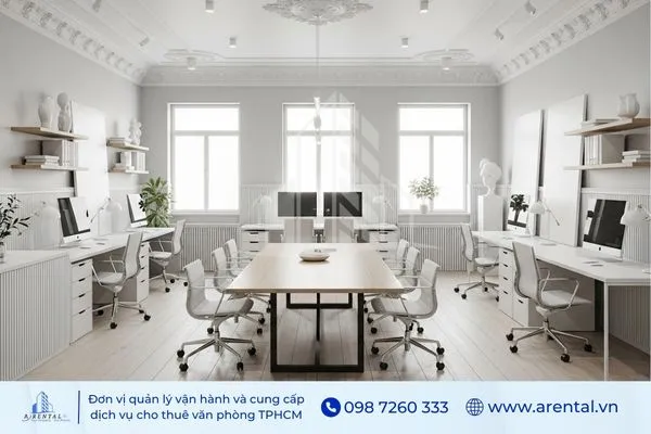Không gian họp tân cổ điển hiện đại với ánh sáng tự nhiên và bàn ghế tối giản.