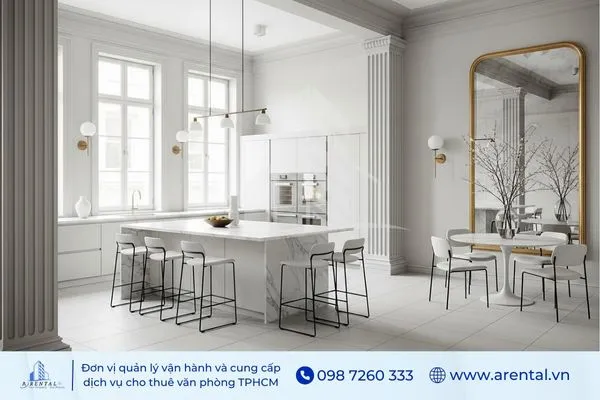 Không gian pantry văn phòng tân cổ điển với bàn dài và gương lớn.