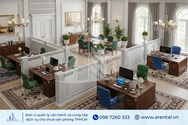 Không gian văn phòng tân cổ điển sang trọng với trần cao và đèn chùm.