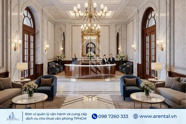 Khu vực lễ tân phong cách tân cổ điển với đèn chùm và sofa cao cấp.