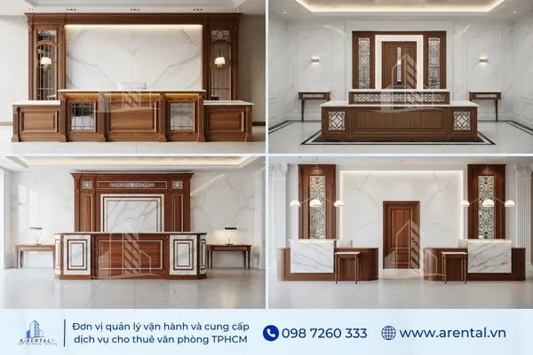 Khu vực lễ tân tân cổ điển với quầy gỗ truyền thống sang trọng.