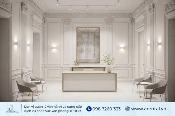 Khu vực lễ tân văn phòng tân cổ điển gam trắng tối giản, tinh tế.