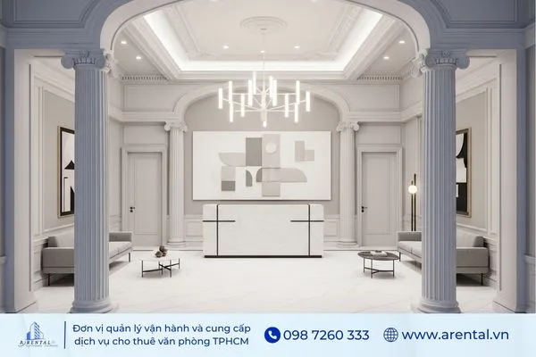 Lễ tân phong cách tân cổ điển hiện đại với trần cao và ánh sáng trắng.