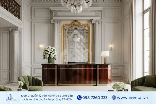 Lễ tân văn phòng tân cổ điển sang trọng với gương lớn và chi tiết tinh xảo.