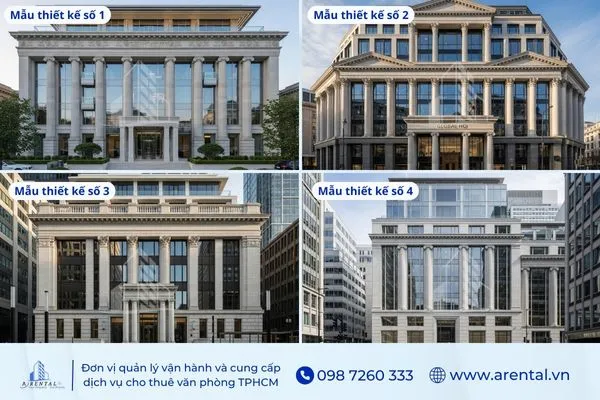 Ngoại thất tòa nhà văn phòng phong cách tân cổ điển với cột trụ lớn.