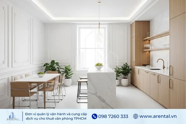 Pantry văn phòng tân cổ điển gam trắng sáng kết hợp gỗ sáng màu.