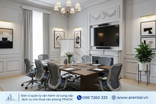 Phòng họp tân cổ điển với cửa sổ sát đất và rèm dài trang nhã.