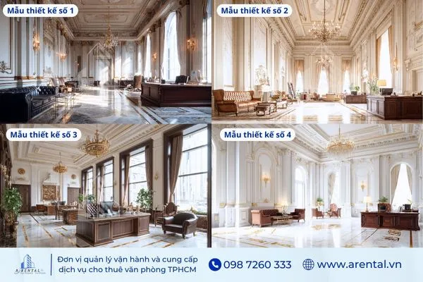 Khu vực sảnh chính phong cách tân cổ điển sang trọng với trần cao và đèn chùm.