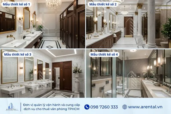 Thiết kế khu vệ sinh văn phòng phong cách tân cổ điển với đá sáng và gương lớn.