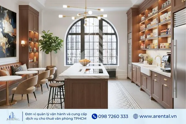 Thiết kế pantry văn phòng tân cổ điển sử dụng gỗ và cửa vòm lớn.