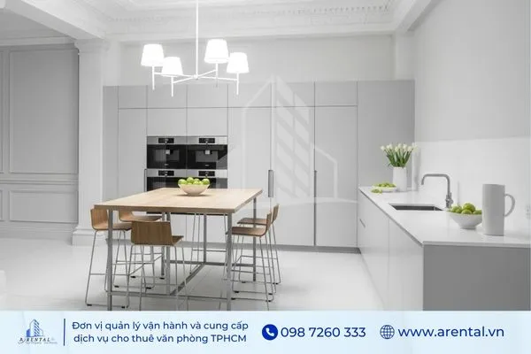 Thiết kế pantry văn phòng tân cổ điển tối giản gam trắng.
