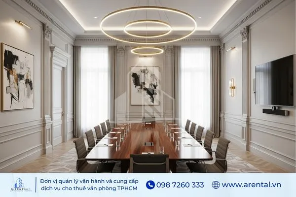 Thiết kế phòng họp tân cổ điển kết hợp bàn gỗ dài và đèn vòng hiện đại.