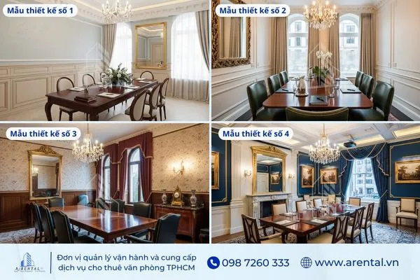 Thiết kế phòng họp tân cổ điển sáng thoáng với bàn gỗ dài.