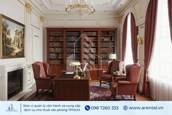 Thiết kế phòng làm việc riêng tân cổ điển sang trọng với rèm đỏ và đèn chùm.
