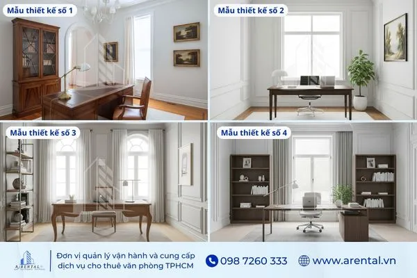 Thiết kế phòng làm việc riêng tân cổ điển với bàn gỗ và cửa sổ rộng.