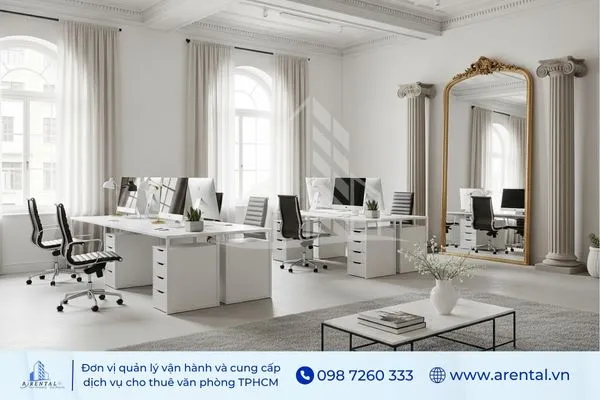 Thiết kế văn phòng tân cổ điển gam trắng sáng, nhấn bằng gương trang trí lớn.