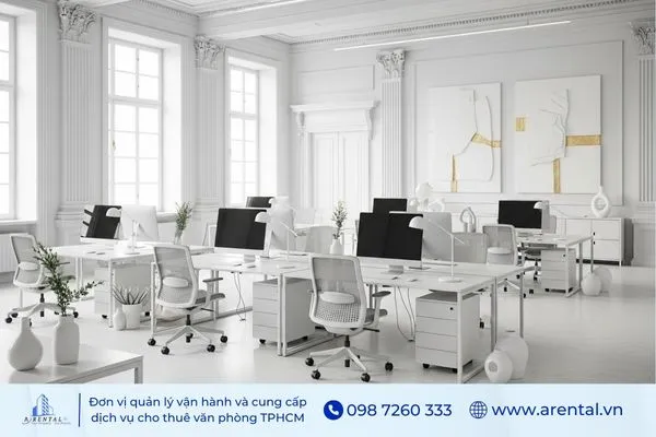 Thiết kế văn phòng tân cổ điển sáng thoáng với gam màu be - trắng chủ đạo.