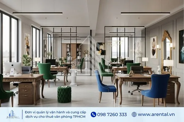 Không gian văn phòng làm việc cho thuê được bố trí nội thất theo phong cách tân cổ điển.