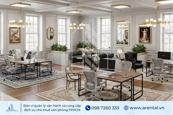 Văn phòng làm việc mang phong cách tân cổ điển sang trọng được bố trí nhiều cửa sổ.