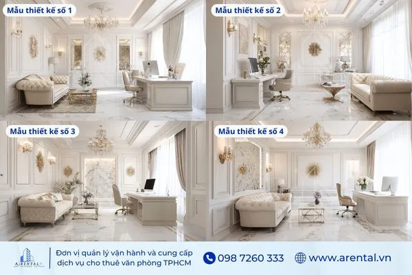 Văn phòng làm việc riêng tân cổ điển gam trắng sáng, thanh lịch.
