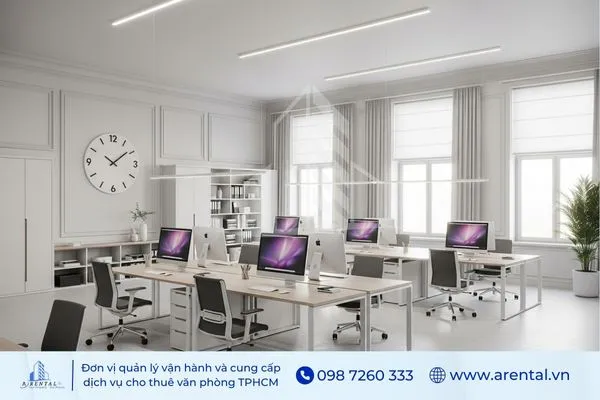 Văn phòng phong cách tân cổ điển kết hợp bàn ghế hiện đại công thái học.