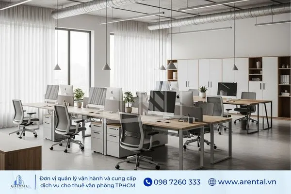 Không gian văn phòng phong cách minimalism hiện đại với bàn làm việc dài.