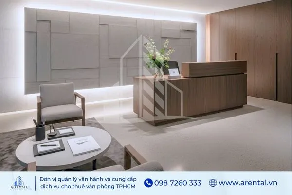 Mẫu thiết kế khu vực sảnh chờ văn phòng tối giản với nội thất gỗ hiện đại.