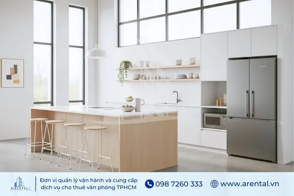 Mẫu thiết kế pantry văn phòng phong cách minimalism, đảo bếp gỗ, ghế bar và tủ lạnh inox nổi bật.