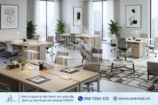 Mẫu thiết kế văn phòng tối giản hiện đại, bố trí bàn làm việc gọn gàng, ghế xoay công thái học và cửa kính lớn.