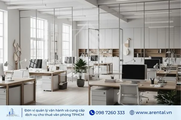 Mẫu thiết kế văn phòng tối giản hiện đại kết hợp thêm cây xanh trang trí.