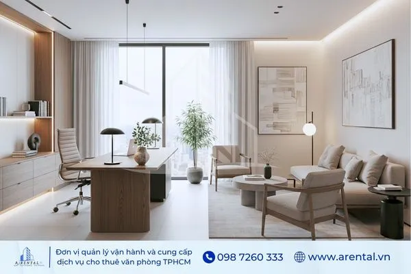 Mẫu văn phòng giám đốc thiết kế tối giản với bàn gỗ, sofa tiếp khách và hệ thống chiếu sáng hiện đại.