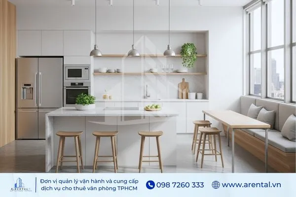 Thiết kế pantry văn phòng tối giản, sử dụng bàn gỗ dài, ghế bar cao và cửa kính lớn đón sáng.