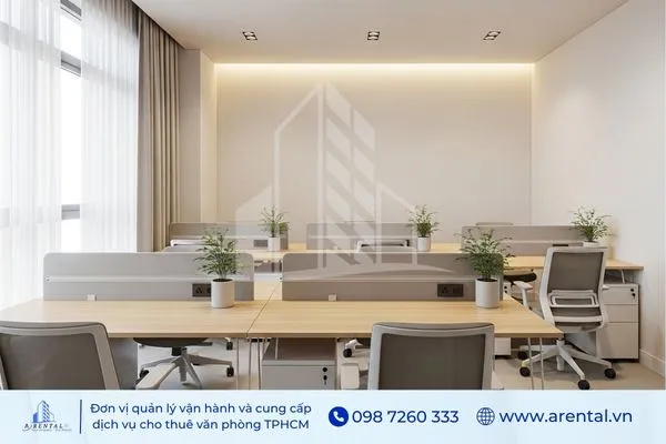 AThiết kế phòng làm việc tối giản với bàn gỗ, ánh sáng dịu nhẹ và trang trí bằng cây xanh trong không gian hiện đại.