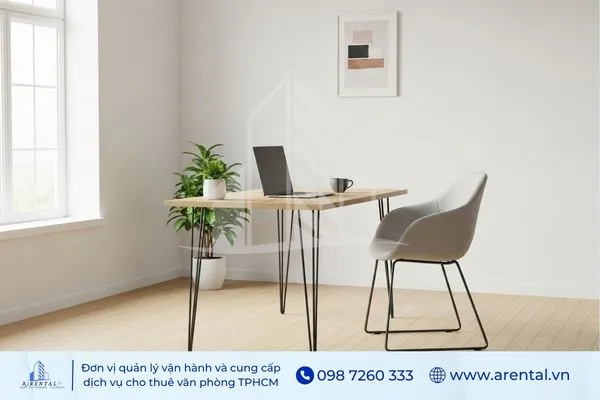 Thiết kế phòng làm việc tối giản với bàn gỗ mảnh, ghế đơn hiện đại, cây xanh và cửa sổ lớn tràn ngập ánh sáng.