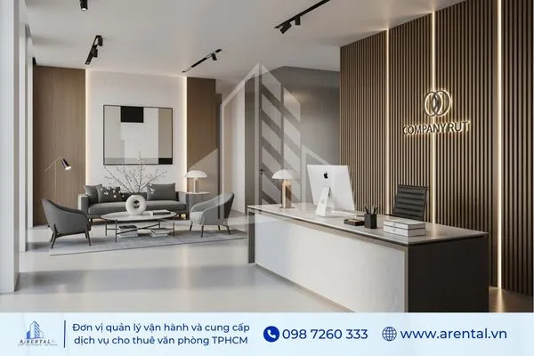 Thiết kế quầy lễ tân văn phòng tối giản hiện đại.