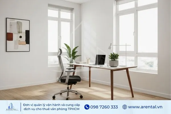 Thiết kế văn phòng giám đốc hiện đại theo phong cách minimalism, bàn gỗ nhỏ gọn, ghế xoay công thái học và cây cảnh trang trí.