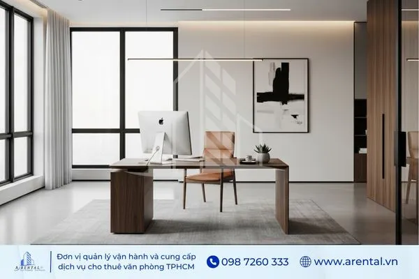 Thiết kế văn phòng giám đốc phong cách minimalism, bàn gỗ tối màu, ghế da sang trọng và cửa sổ kính lớn.
