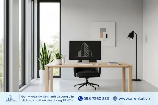 Thiết kế văn phòng giám đốc phong cách tối giản, sử dụng bàn gỗ mộc mạc, ghế hiện đại và cửa kính toàn cảnh.