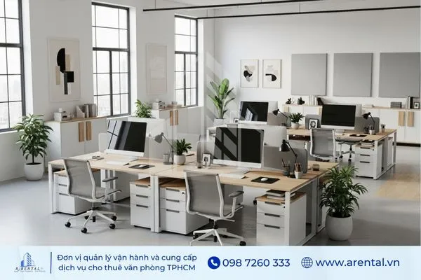 Thiết kế văn phòng hiện đại với bàn làm việc sáng màu, nhiều cây xanh và tường treo tranh trang trí tối giản.