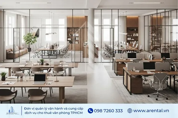 Không gian làm việc mở, nội thất gỗ sáng màu, nhiều ánh sáng tự nhiên và bố trí chỗ ngồi hợp lý.