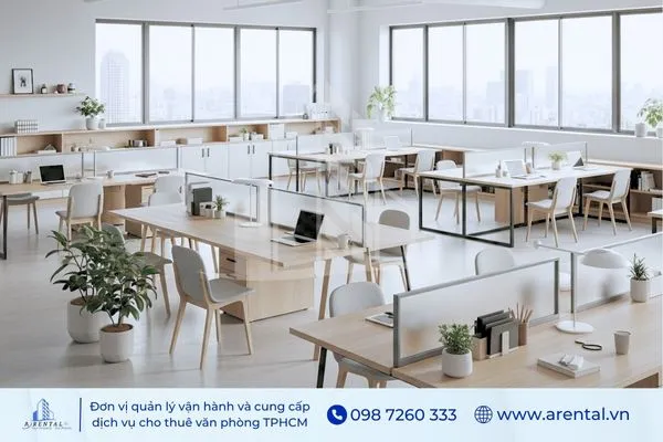 Thiết kế văn phòng phong cách minimalism, sử dụng bàn gỗ sáng, ghế xoay hiện đại và cửa sổ toàn cảnh.